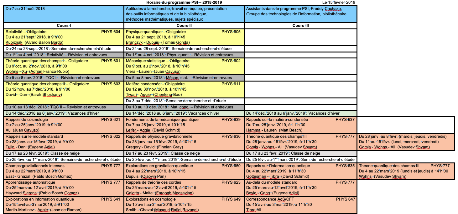 2018/2019 PSI Timetable